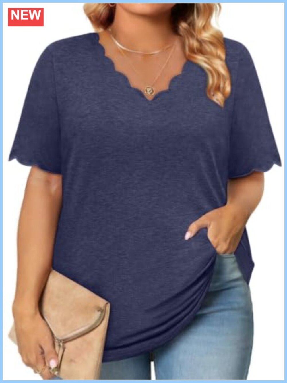 Plus Size Womens Summer Tunic Top Scalloped Notch V Neck Short Sleeve Casual